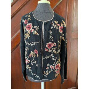 Heirloom Collection Vtg Floral Embroidered Black Cardigan Sweater Size S